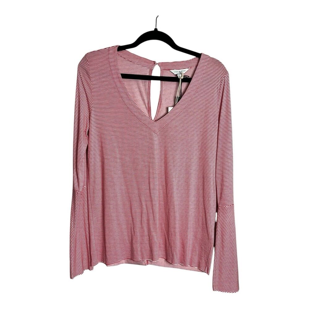 Lucky Brand Women’s Size S Red & White Striped Long Bell Sleeve V-Neck Blouse